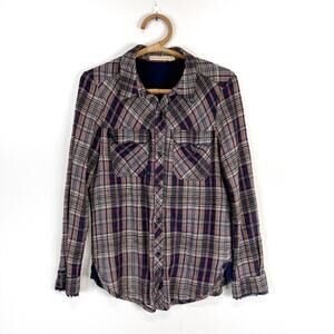 Of Two Minds vintage Y2K plaid button down shirt distressed hem Size Small
